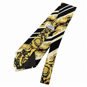 GIANNI VERSACE 総柄 ネクタイ シルク バロック柄 ストライプ 縦縞模様 黒 ブラック 白 ホワイト 金 ゴールド