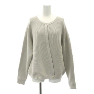 14G横あぜ編みクルーネックニットカーディガン 金ボタン 長袖 ライトグレージュ