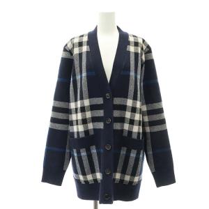 チェック ウールカシミヤ ジャカード ニットカーディガン L 紺