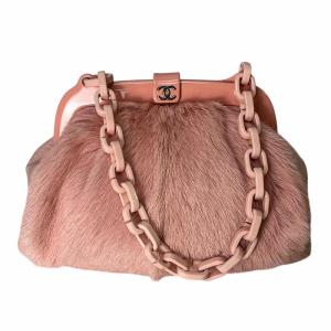 CHANEL レザー×ファーがま口 チェーン ハンドバッグ ピンク