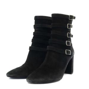 ブーツ ショート ハイヒール サイドストラップ スエード 37 24cm 黒 ブラック /YO15