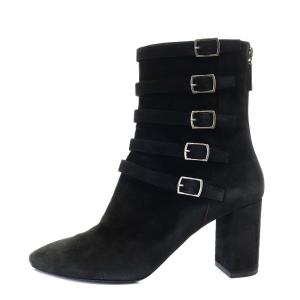 SAINT LAURENT PARIS ブーツ ショート ハイヒール サイドストラップ スエード 37 24cm 黒 ブラック /YO15