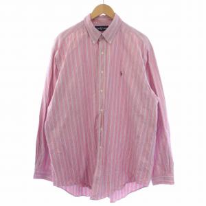 CLASSIC FIT シャツ 長袖 ボタンダウン ストライプ柄 ロゴ刺繍 XL ピンク /BM