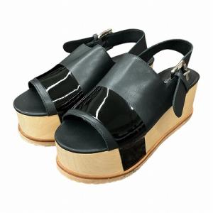 レザー プラットフォーム サンダル 厚底 ウッドソール 黒 ブラック 40 25cm位 31JC157