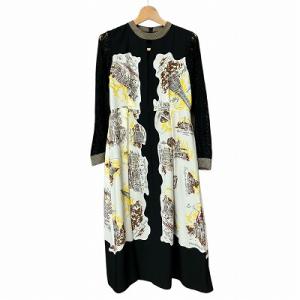 レース スリーブ ワンピース スカーフ柄 シアー グレンチェック 黒 茶 白 黄 ブラック ブラウン ホワイト