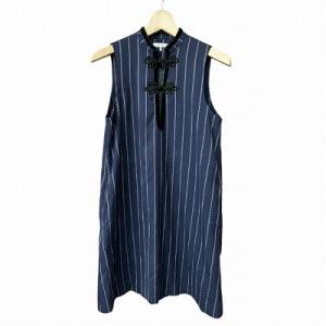 ワンピース チャイナボタン ストライプ ノースリーブ ひざ丈 34 ネイビー 1629 Oakwood