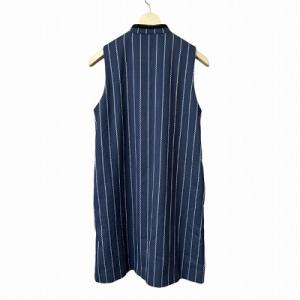 GANNI ワンピース チャイナボタン ストライプ ノースリーブ ひざ丈 34 ネイビー 1629 Oakwood