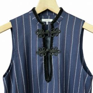 GANNI ワンピース チャイナボタン ストライプ ノースリーブ ひざ丈 34 ネイビー 1629 Oakwood