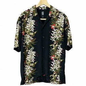 JEANS アロハ花柄 フラワー ハイビスカス アロハ シャツ レーヨン 黒 ブラック S 半袖