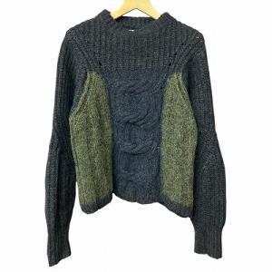 アルパカ モヘア ケーブル ニット セーター 灰 緑 グレー グリーン 36 Sサイズ位 AA