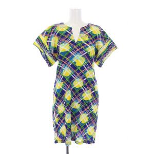 イッセイミヤケ ワンピース ひざ丈 キーネック 半袖 チュニック チェック柄 総柄 3 L 紺 ネイビー