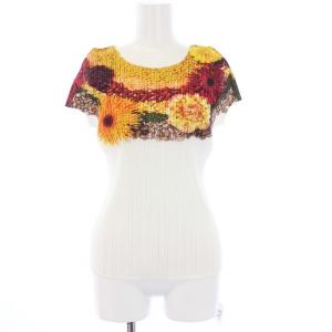 イッセイミヤケ カットソー ブラウス ラウンドネック 半袖 花転写プリント 3 L 白 ホワイト 黄 イエロー