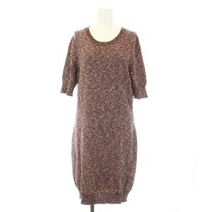 ニットワンピース ひざ丈 五分袖 クルーネック ラメ糸 M 赤 レッド 白 ホワイト 310436 X5233