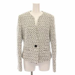 ツイード ノーカラー ジャケット チェック アウター 42 白 黒 M5E14-832-09 /YM