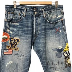 POLO RALPH LAUREN パッチワーク デニム パンツ USED加工 リペア加工 ダメージ加工 青 ブルー インディゴ 33×32