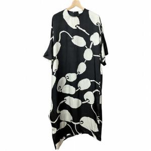 リネン混 アシンメトリー ワンピース 総柄 黒 灰 ブラック グレー 38 M位 GY41