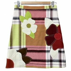 ウール チェック スカート 花 パッチワーク マルチカラー 38 GY41