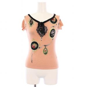 ニット カットソー 半袖 総柄 リボン スパンコール ピンク /KH GY41