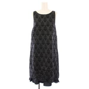 ワンピース ひざ丈 ノースリーブ クルーネック プリーツ 切替 花柄 シルク 40 黒 ブラック /BB