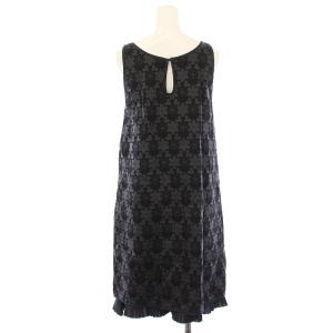FENDI ワンピース ひざ丈 ノースリーブ クルーネック プリーツ 切替 花柄 シルク 40 黒 ブラック /BB