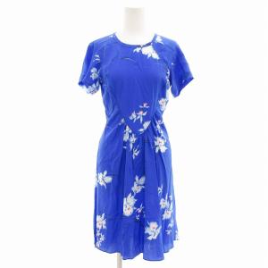 美品 22SS ワンピース 花柄 クルーネック シルク 半袖 ひざ丈 38 青 ブルー /AE GY41
