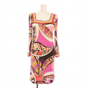 ワンピース ひざ丈 長袖 スクエアネック ストレッチ プッチ柄 シルク混 I38 マルチカラー /BB