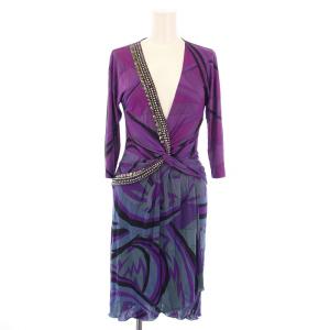 タイトワンピース ドレープ ひざ丈 七分袖 Vネック ストレッチ ビジュー 装飾 プッチ柄 I38 紫
