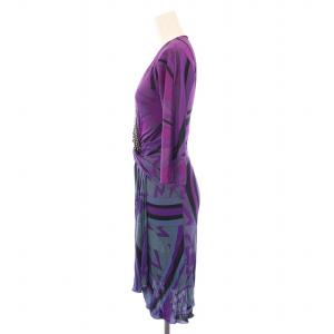 Emilio Pucci タイトワンピース ドレープ ひざ丈 七分袖 Vネック ストレッチ ビジュー 装飾 プッチ柄 I38 紫