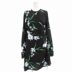 美品 ワンピース アシンメトリー 花柄 シルク 長袖 ひざ丈 40 黒 ブラック /AE GY41
