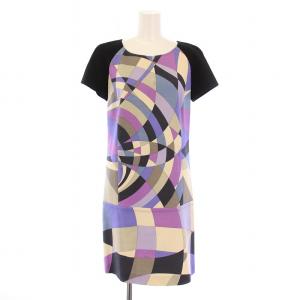 ワンピース ひざ丈 半袖 クルーネック ストレッチ 幾何学模様 ウール I40 紫 パープル 黒 ブラック