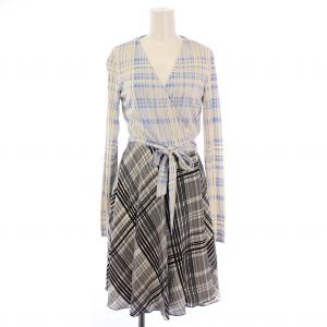 ラップワンピース 巻き フレア ひざ丈 長袖 Vネック ストレッチ チェック柄 ウール シルク 0 青