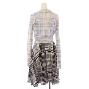 DIANE von FURSTENBERG ラップワンピース 巻き フレア ひざ丈 長袖 Vネック ストレッチ チェック柄 ウール シルク 0 青