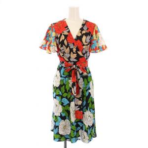 ラップワンピース 巻き フレア ひざ丈 半袖 Vネック 花柄 総柄 シルク 0 マルチカラー /BB GY41