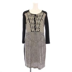 タイトワンピース ひざ丈 長袖 クルーネック ストレッチ リボン シルク 4 黒 ブラック アイボリー