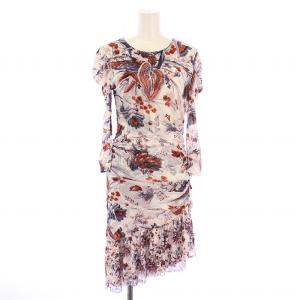 タイトワンピース アシンメトリー ミモレ ロング 長袖 クルーネック ストレッチ 花柄 ナイロン S マルチカラー