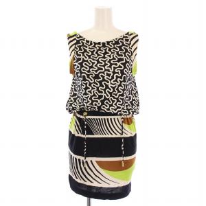 ワンピース ひざ丈 ノースリーブ ボートネック ストレッチ 総柄 シルク 2 マルチカラー /BB GY41