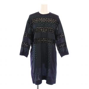 ワンピース ひざ丈 七分袖 クルーネック ハート柄 刺繍 切替 インナーキャミソール付き 1 紺 ネイビー