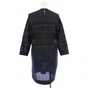 sacai luck ワンピース ひざ丈 七分袖 クルーネック ハート柄 刺繍 切替 インナーキャミソール付き 1 紺 ネイビー