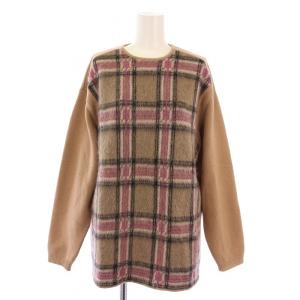 ニット セーター 長袖 クルーネック チェック柄 ウール モヘヤ混 F 茶 ブラウン /BB GY41