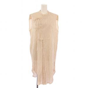 コットンポリステルスタンドネックシャツワンピース ひざ丈 ノースリーブ ストレッチ ストライプ柄 36