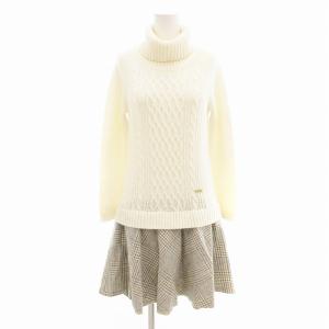 ドッキングワンピース タートルネック フレア ケーブルニット 長袖 ひざ丈 36 XS アイボリー グレー