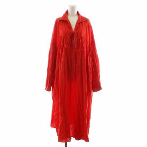 ワンピース 長袖 ロング丈 リボン 麻 リネン混 F 赤 レッド 1222130009-0 /AN19