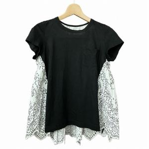 麻混 レース ドッキング Tシャツ 黒 白 3 15-02233 GY41