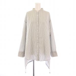 シャツ ブラウス 長袖 バンドカラー ストライプ柄 F 黒 ブラック 白 ホワイト /BB GY41