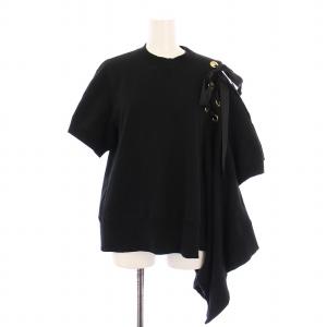 カットソー スウェット 半袖 クルーネック アシンメトリー リボン 無地 2 黒 ブラック /BB GY41