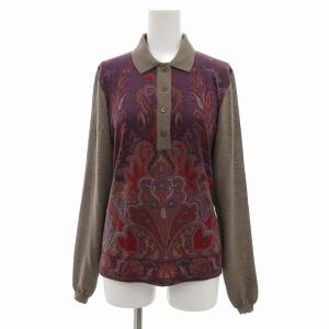 ポロシャツ 長袖 ニット切替 ペイズリー柄 42 茶 ブラウン 紫 パープル /UO GY41