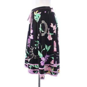 LEONARD FASHION フレアスカート ひざ丈 花柄 カンカン素材 38 M 黒 ブラック /KH