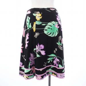 LEONARD FASHION フレアスカート ひざ丈 花柄 カンカン素材 38 M 黒 ブラック /KH