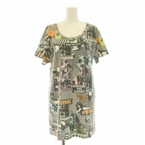 Tシャツ カットソー チュニック丈 半袖 クルーネック ロゴ 総柄 F グレー マルチカラー /DK GY07