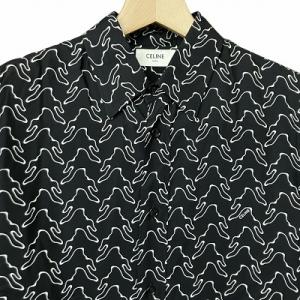 CELINE 総柄 プリント ルーズ レーヨン シャツ ブラック ホワイト 37 2C813977R